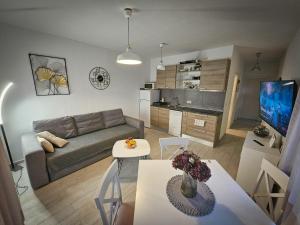 a living room with a couch and a kitchen at Apartman TIA in Vir