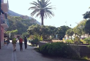 a group of people walking down a sidewalk with a palm tree at Primo Piano in Moneglia