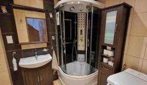 un bagno con doccia, lavandino e WC di Apartament z ogródkiem a Ciechocinek Altre 18 foto