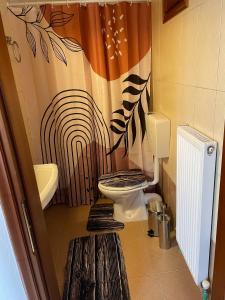 a bathroom with a toilet and a shower curtain at Niki's Paradise View in Taxiarchis +52 photos