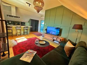 a living room with a couch and a tv at Carpathian Apartment and private parking in Odorheiu Secuiesc