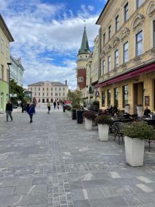 a city street with people walking down the street at Celje Spa Apartment in Celje