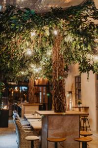 a room with tables and a large tree with lights at Contessa Apartments in Košice