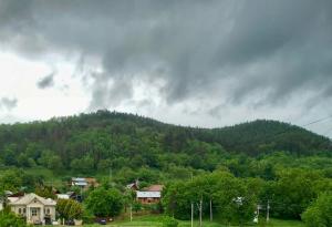 a view of a mountain with a town and houses at Chiriac's House in Târgu Ocna