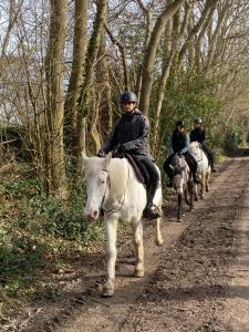a group of people riding horses down a dirt road at Le Refuge en bois nuit insolite en pleine Nature in Glanville
