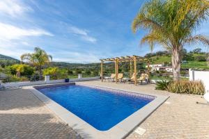 a swimming pool in a backyard with a palm tree at Villa Serena-gorgeous Rural Family Villa & Pool in Morenos