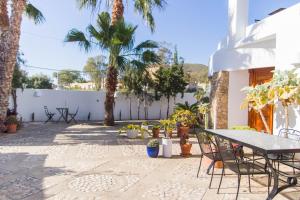 a patio with a table and chairs and palm trees at Casa Sol, Rodalquilar in Rodalquilar