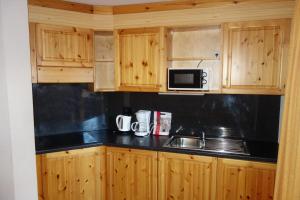 a kitchen with wooden cabinets and a sink and a microwave at Pracondu 2 406 - OUTDOOR & FUN apartment 6 pers in Nendaz