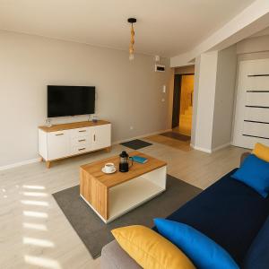 Una sala de estar con un sofá y un televisor. en Sunny Apartament, en Darłowo