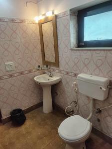 une salle de bains avec toilettes et lavabo dans l'établissement Hotel Laxmi Palace, à Dehradun