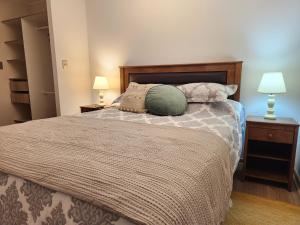 a bedroom with a bed with a green pillow on it at Departamento equipado Parque Oriente in Temuco +29 photos