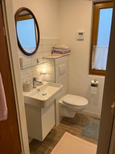 a bathroom with a sink and a toilet and a mirror at Apartment für zwei in Isenbüttel +10 photos