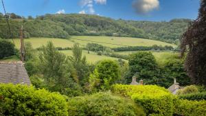 a view of a valley with trees and houses at The Old Chapel in Painswick