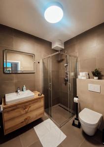 a bathroom with a shower and a sink and a toilet at Apartmán 31 - Villa Erdődy Resort in Oravská Lesná