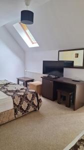 a bedroom with a bed and a desk with a television at Mont Blanc in Predeal