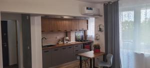 a kitchen with wooden cabinets and a table and a window at NGR Residence in Ploieşti
