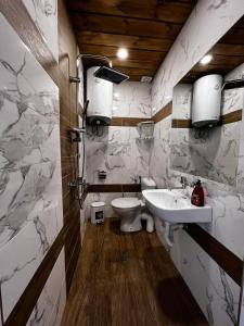 a bathroom with a sink and a toilet at Райски кът “Еленова поляна” in Dobărsko