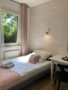 姆热日诺Apartamenty Słoneczna 18 Mrzeżyno的一间卧室，配有一张床、一张书桌和一扇窗户