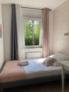 姆热日诺Apartamenty Słoneczna 18 Mrzeżyno的带窗户的卧室里的一张床