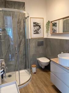 姆热日诺Apartamenty Słoneczna 18 Mrzeżyno的带淋浴、马桶和水槽的浴室