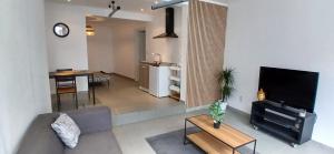 a living room with a couch and a tv and a table at studio dans le centre de Mons in Mons