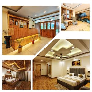 eine Collage mit vier Bildern eines Schlafzimmers in der Unterkunft Omavya Hotel Manali in Jagatsukh