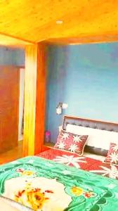 a bedroom with a bed with a green comforter at Ridge Lakkar Stay in Shimla