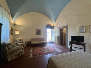 San Zanobi a CasignanoにあるWine Apartments Florence Lawrenceのベッドとソファとテレビのある寝室
