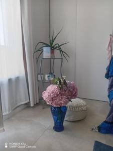 フレジュスにあるchambre chez l'habitantの部屋にピンクの花が入った青い花瓶 +2枚の写真