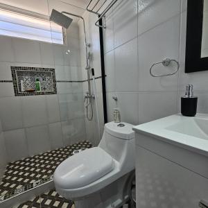 a white bathroom with a toilet and a sink at Chalet Salta in Salta +33 photos