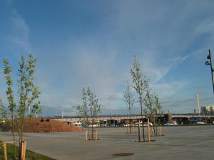 a row of trees in a parking lot with a bridge in the background at Aalborg City Rooms ApS in Aalborg