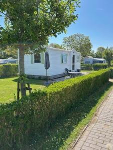ein weißes Haus mit einem Baum und einer Hecke in der Unterkunft Mobilheim für 5 Personen ca 29 m in Baarland, Zeeland Küste von Zeeland in Baarland