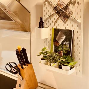 a kitchen with a shelf with plants and a mirror at Altstadtglück Seligenstadt in Seligenstadt +16 photos