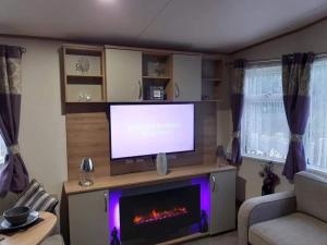 a living room with a tv and a fireplace at Purple Palace 3-Bed Caravan Ingoldmells in Ingoldmells