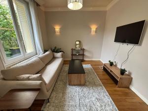 a living room with a couch and a tv at Grand T3 90m2 Haussmanien avec suite en centre ville et parking TOUT inclus in Orléans +16 photos