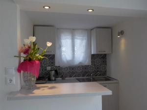 a kitchen with a vase of flowers on a counter at Mini City Center Studio in Rhodes Town