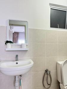 a bathroom with a sink and a mirror and a toilet at Mamaqarl Homestay near KLIA with Wi-fi and Transport in Sepang