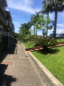 a sidewalk next to a park with palm trees at Ficu e Sali in Roccalumera