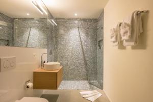 a bathroom with a shower and a sink at Edelweiss Ferienwohnung, Stenna Flims in Flims