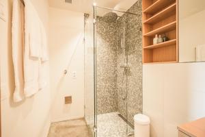 a shower with a glass door in a bathroom at Edelweiss Ferienwohnung, Stenna Sulegliada in Flims +11 photos