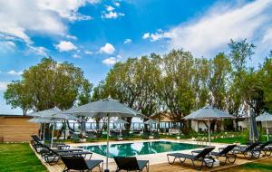 a swimming pool with chairs and umbrellas at Nest Beach Bungalows and Camping Datça in Datca