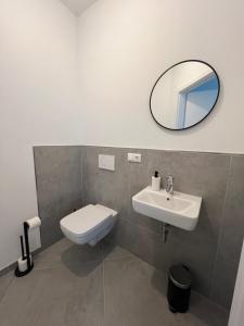 ein Badezimmer mit Toilette, Waschbecken und Spiegel in der Unterkunft Design am Rhein I Zentral I Aufzug I Balkon I Parken in Bingen am Rhein + 7 Fotos