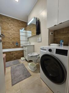Un baño con lavadora y un inodoro. en Cosy Place Milano, en Constanţa