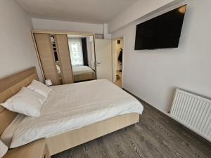 Un dormitorio con una cama y un televisor de pantalla plana. en Cosy Place Milano, en Constanţa