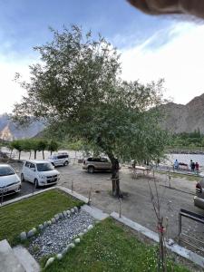 a tree in a parking lot with cars parked at Riverfront resort sooq valley in Dargai +6 photos