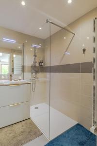 een badkamer met een glazen douche en een wastafel bij Tournette, vue montagne & belle terrasse in Annecy +19 foto's