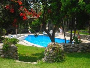 a swimming pool in a yard with trees and grass at Darenas Hacienda in Aucallama