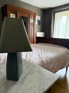 a lamp sitting on a table next to a bed at Arduinna's Nest B&B in Neufchâteau
