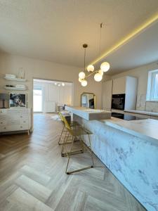 a large kitchen with a counter and a dining room at Rebgold Suite - Luxury Living by Lisa in Landau in der Pfalz