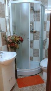 uma casa de banho com um chuveiro, um WC e um lavatório. em Hotel Sir Gara de Nord em Bucareste